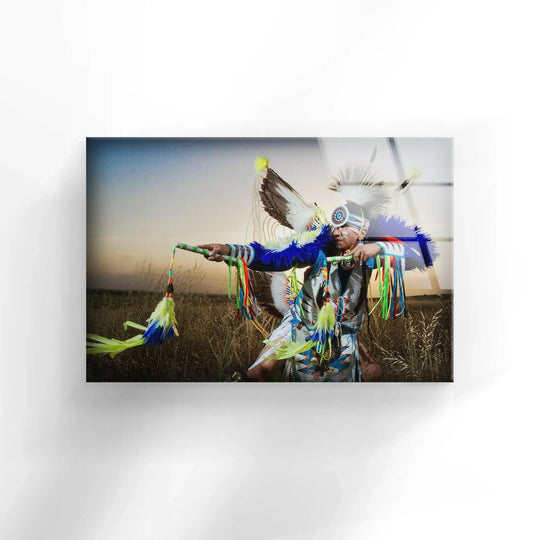 A Native American warrior is captured in a layered glass art design, aiming his bow in a serene field.