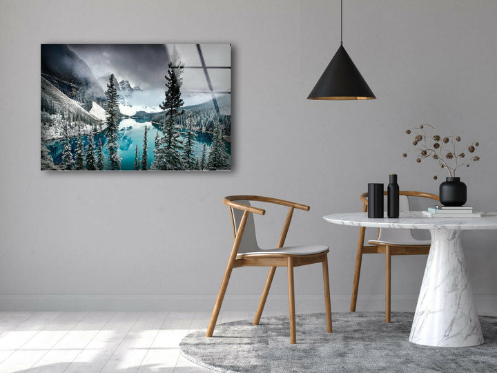 Snow-Dusted Pine Trees and Icy Blue Waters – A Scenic Glass Wall Decor
