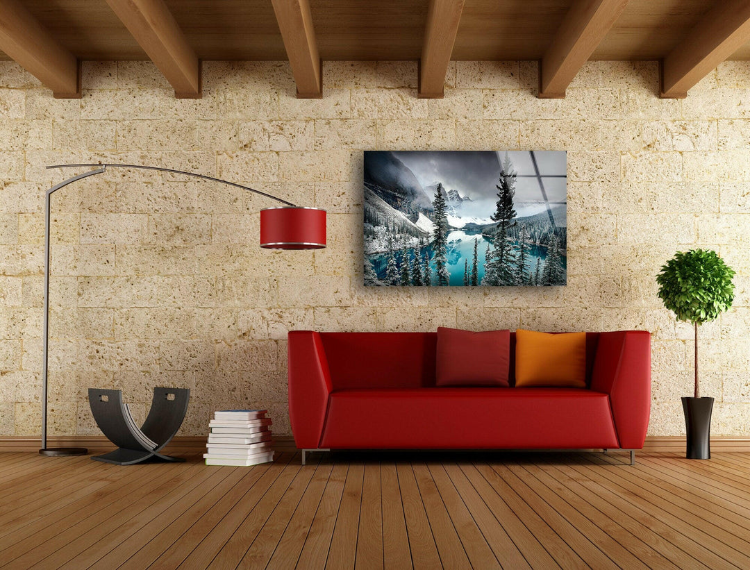 Tranquil Frozen Lake and Mountain Peaks – A Beautiful Glass Wall Print
