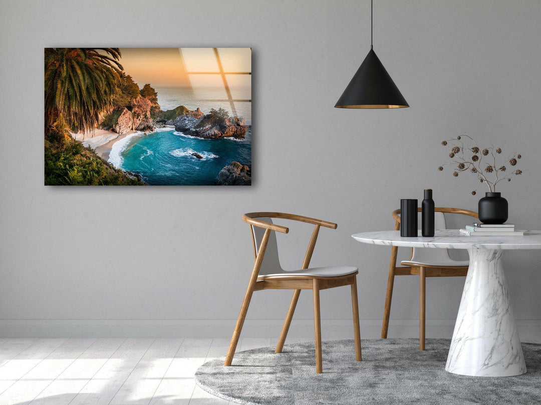 Lush Greenery and Ocean Waves – A Scenic Glass Print for Your Home

