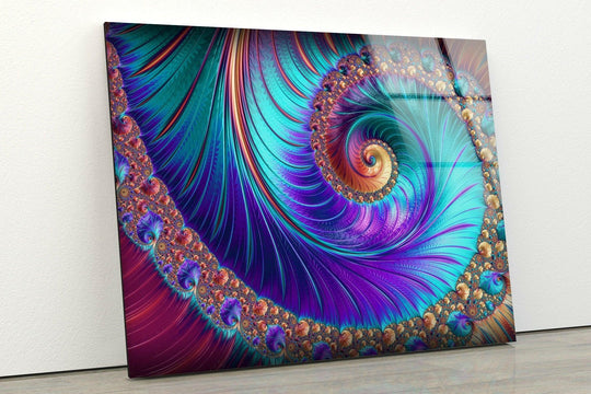 Vivid abstract fractal large art on glass printing showcases a swirling nebula of teal, purple, and gold.