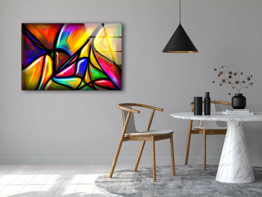 Vibrant abstract fractal best glass art features fluid shapes in bold yellow, orange, blue, and magenta.