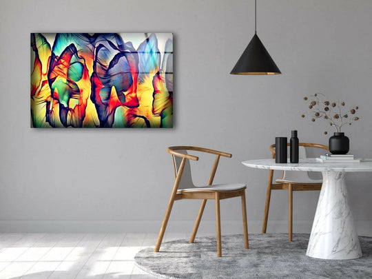 Vibrant glass wall art decor showcases swirling layers of vivid abstract colors, creating a sense of depth.