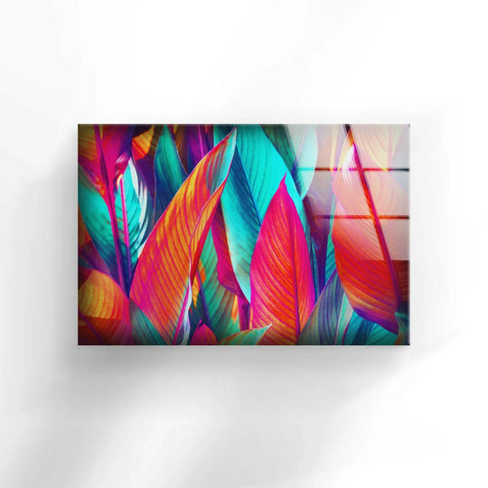 Layered tropical leaves in vivid pink, teal, and orange hues create a vibrant glass printing artwork with a sense of depth.