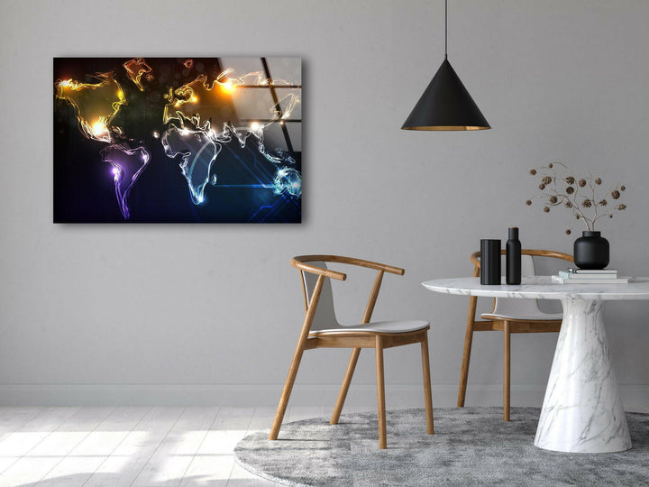 Neon World Map Tempered Glass Wall Art