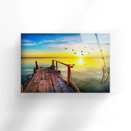 Landscape glass wall art golden sunrise over the dock with peaceful morning light and serene reflection perfect wall decor