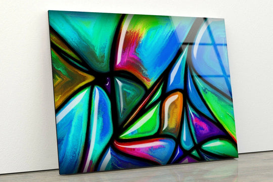 Shiny abstract glass wall art with vivid colors and smooth, polished surfaces.