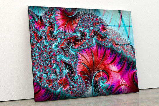 Vivid fractal patterns bloom in electric blue and crimson swirls across this abstract glass printing.