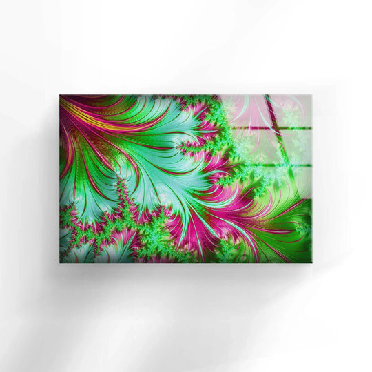 Vibrant green fractal patterns explode with fuchsia and yellow on this stunning glass art.