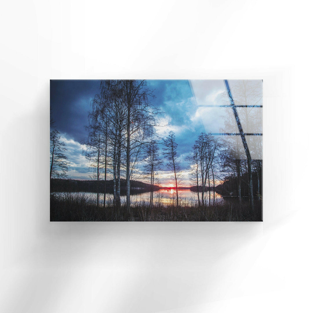 Reflection of Twilight Trees on a Lake – A Mesmerizing Glass Print
