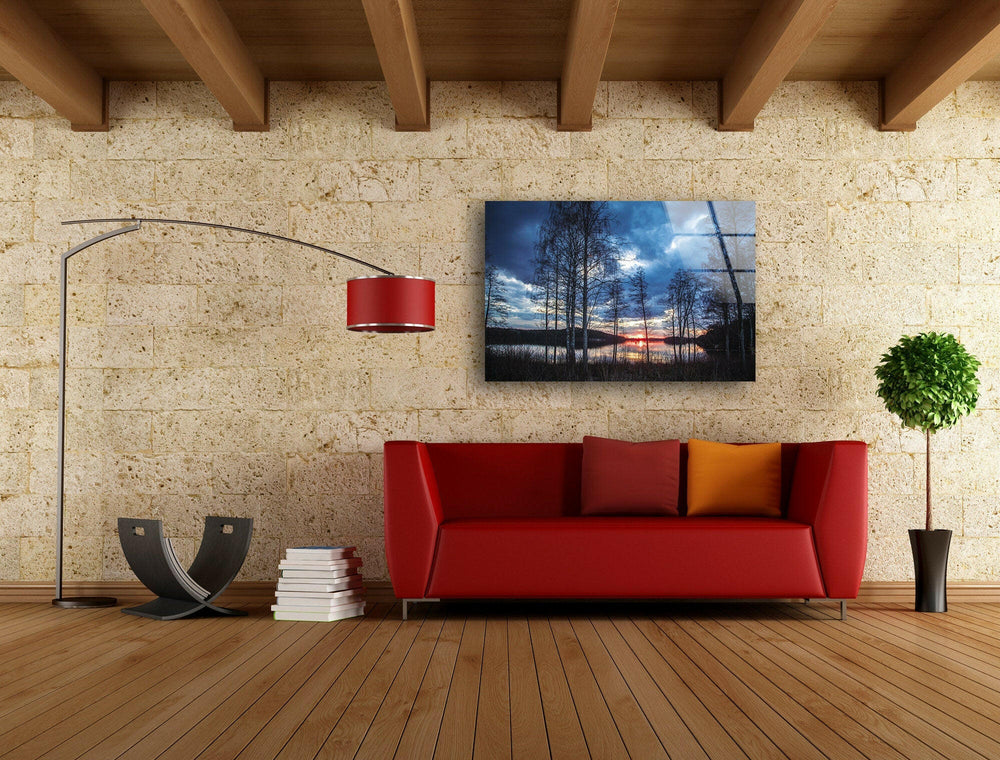 Serene Sunset in the Forest – A High-Definition Landscape on Glass
