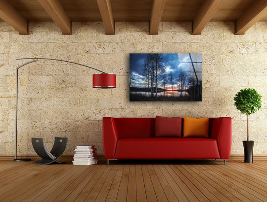 Landscape glass wall art serene twilight forest reflection shows sunset on a lake and enhances your space