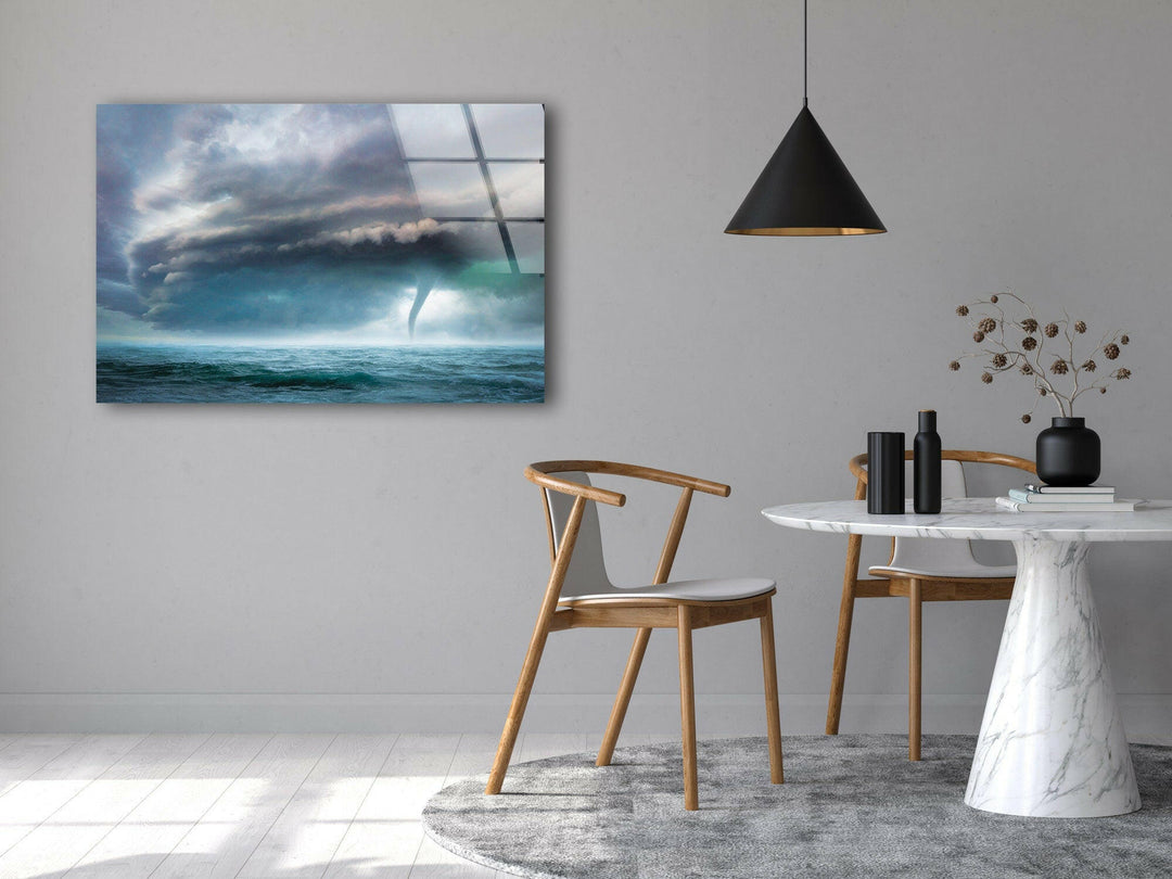 A high-resolution glass wall art featuring a storm over the ocean.

