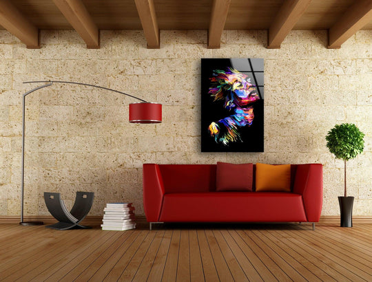 Vibrant neon man cool glass wall art print with multicolored strokes, the best glass art for striking modern decor.