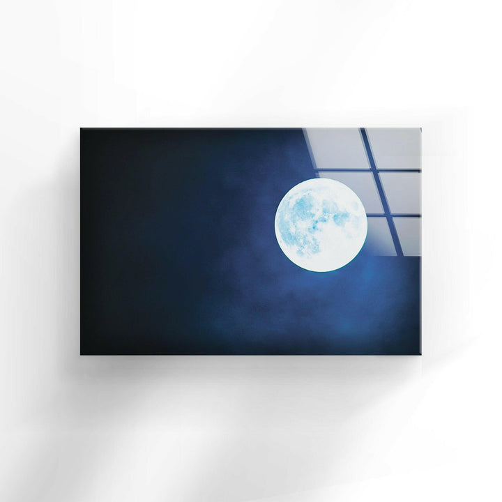 Minimalist celestial wall art showcasing a glowing full moon over a mysterious night sky.
