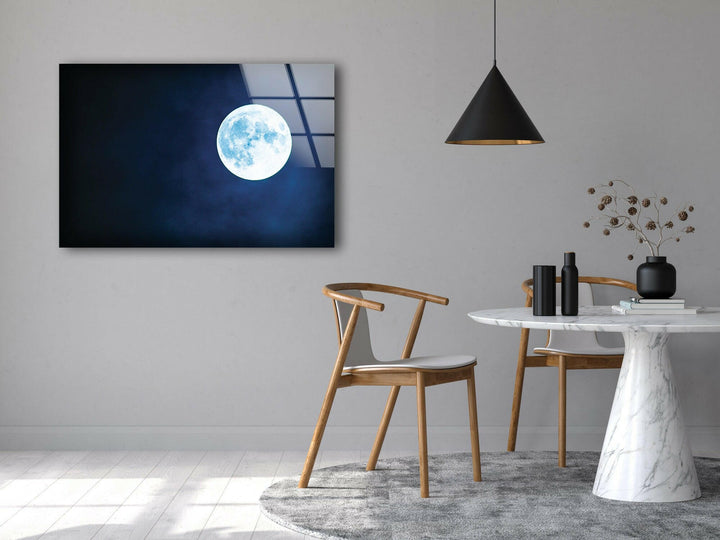 Mesmerizing full moon artwork reflecting a dreamy cosmic ambiance on high-quality glass.
