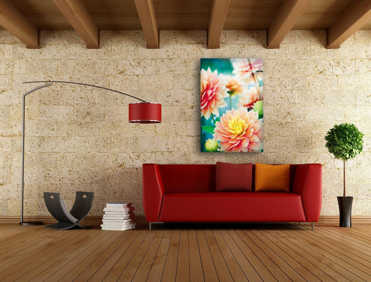 Multiple layers create depth in this dahlia flowers glass wall art, offering a dimensional effect in this hanging wall art.