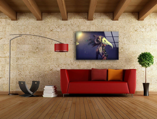 Esoteric art glass wall art with a smooth, luminous finish depicting a mystical figure adorned with a ram skull headdress.