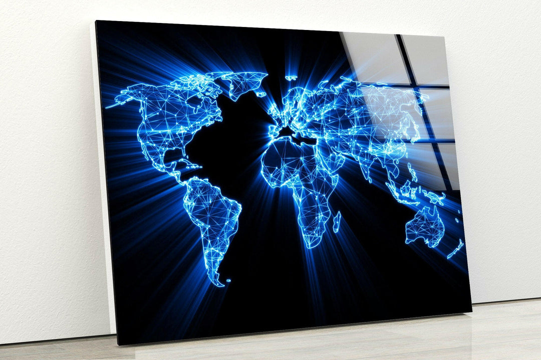 Blue Neon World Map wall art-artdesigna-glass-printing-wall-art-tempered-prints-decor