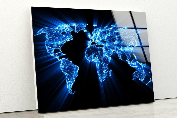 Blue Neon World Map wall art-artdesigna-glass-printing-wall-art-tempered-prints-decor