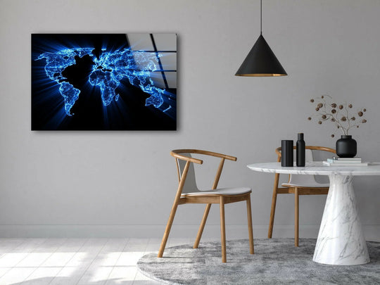 A dominant sapphire blue glow emanates from this tempered glass wall art depicting a neon world map.