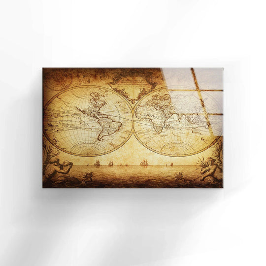Edge detail of vintage world map glass wall art featuring a thick, glossy border.