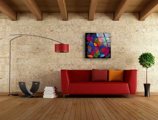 Layered composition showcasing depth through a modern colorful leaf glass art piece that uses light and shadows to enhance the vibrant glass art design.
