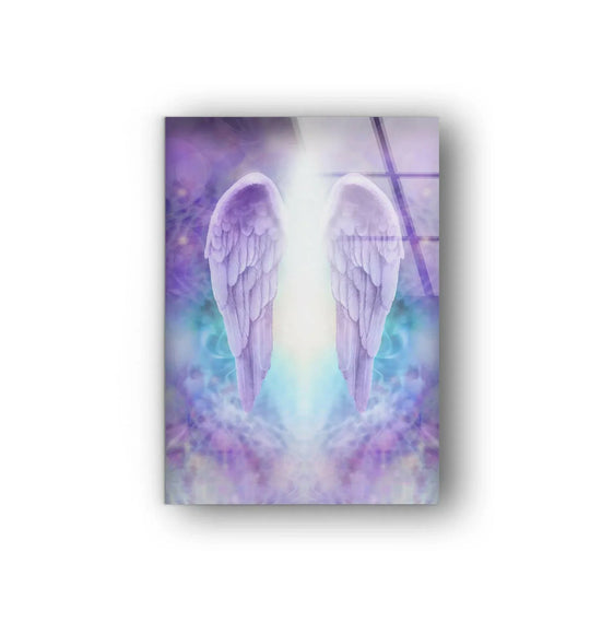 Purple angel wings glass wall art with a shimmering light and subtle borders on this print wall art.