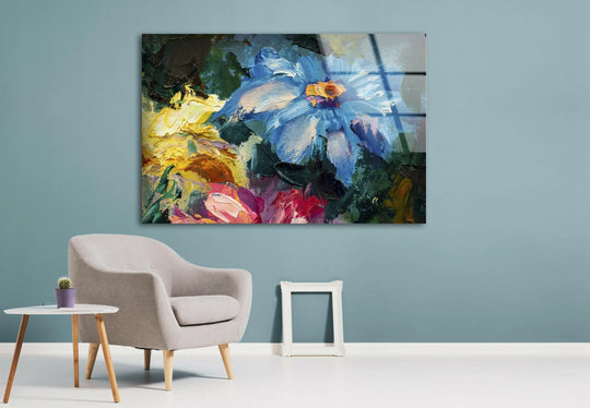 The serene, pastel blue wall provides a minimalist backdrop for the vibrant Claude Monet-inspired glass wall art.