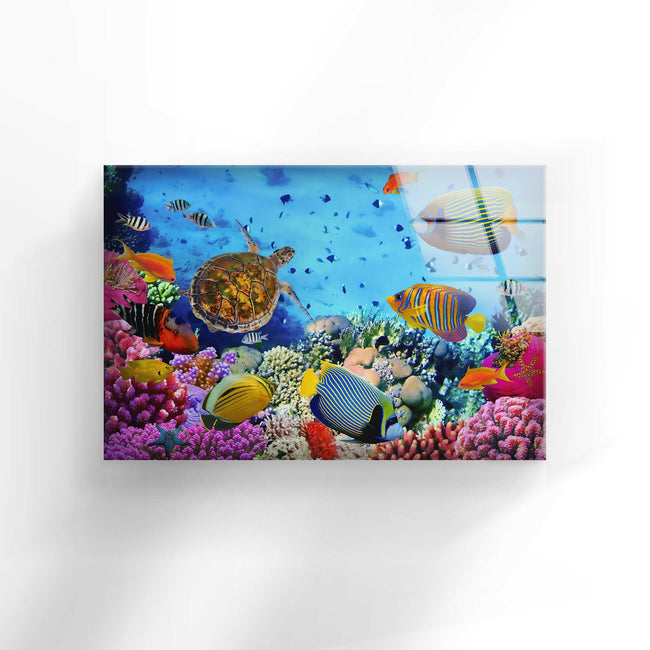 Underwater Turtle and Fish Tempered Glass Wall Art