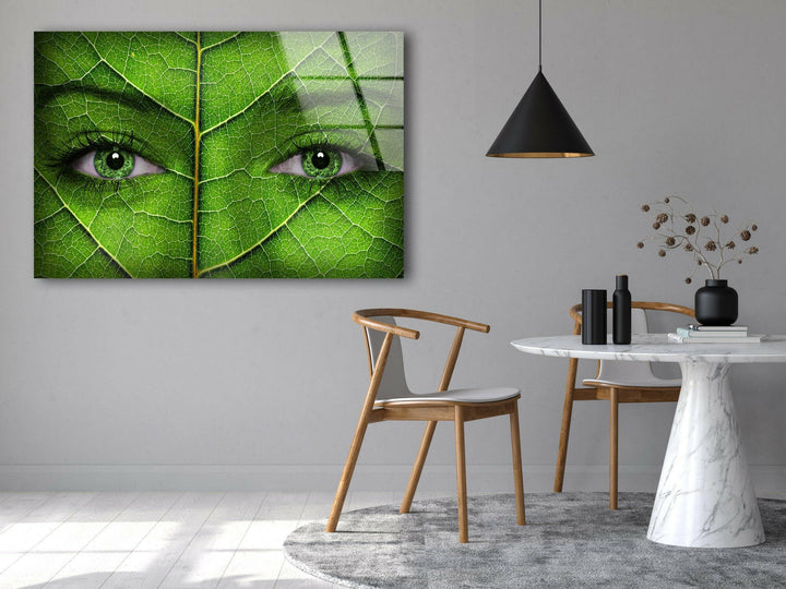 Woman Face with Green Leaf Texture Glass Wall Art