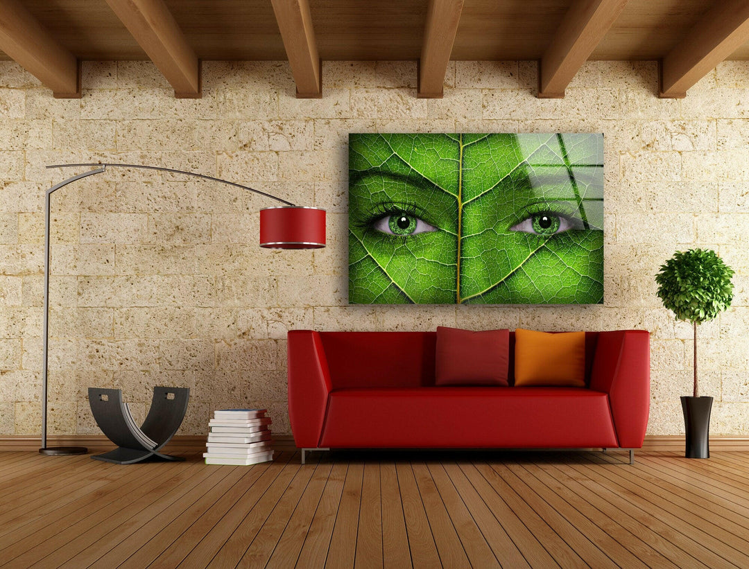 Woman Face with Green Leaf Texture Glass Wall Art