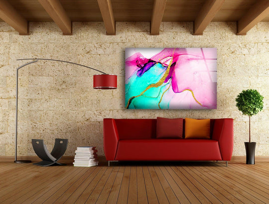 Vibrant pink, teal, and gold hues pop in this abstract decorative wall art piece, showcasing intense color saturation.