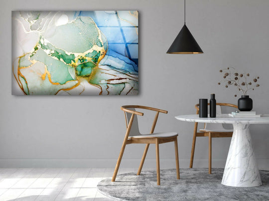 Realistic glass wall art decor showcases vibrant blue and green abstract geode patterns with striking gold accents.