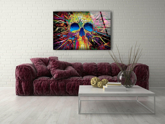 Vibrant, high-saturation colorful skull glass wall art with electric hues and dynamic patterns, perfect for bold wall prints.