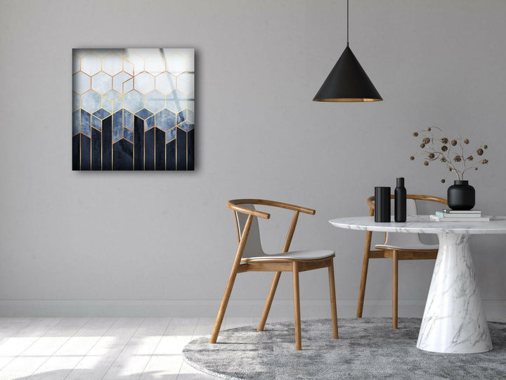 Blaue Sechsecke Abstrakte Glaswandkunst