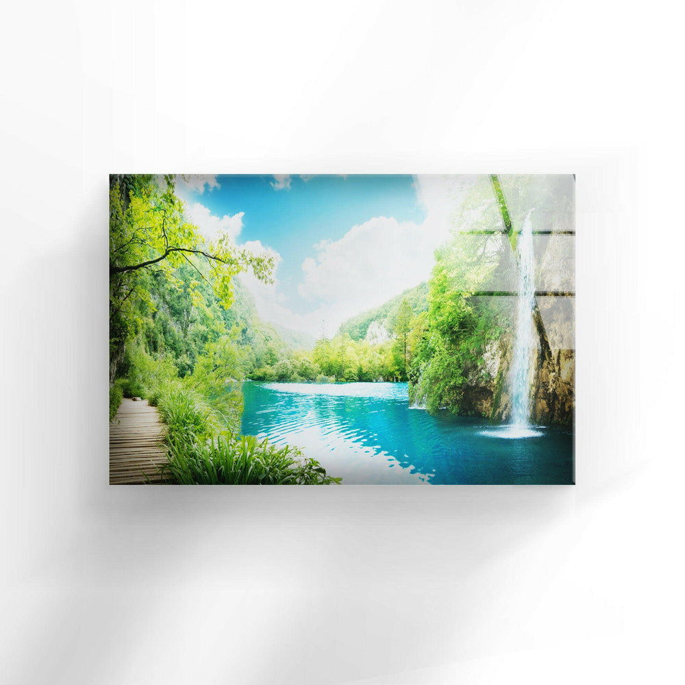 Scenic Waterfall and Lush Greenery – A Breathtaking Glass Print
