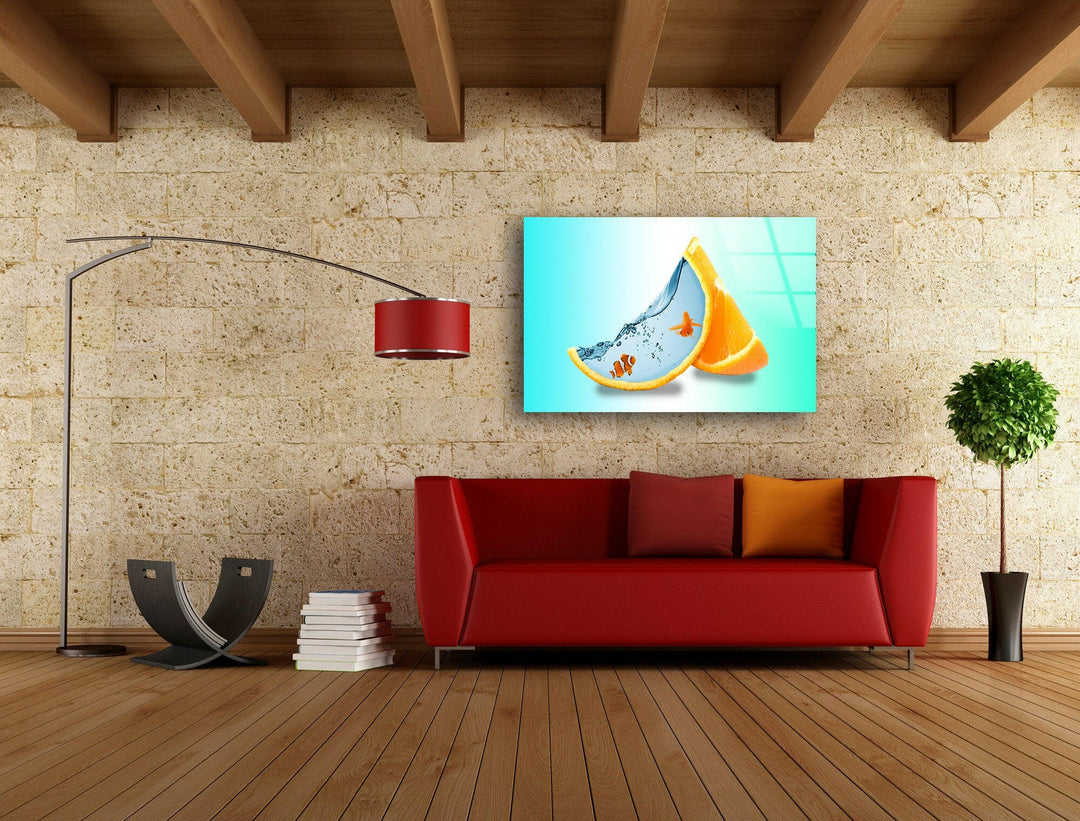 Fish at Orange Aquarium Glass Wall Art glass pictures for Wall, glass prints wall art