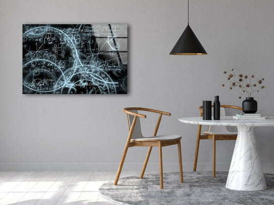 Maths and number glass wall art featuring intricate scientific formulas and mathematical equations with glowing blue lines.