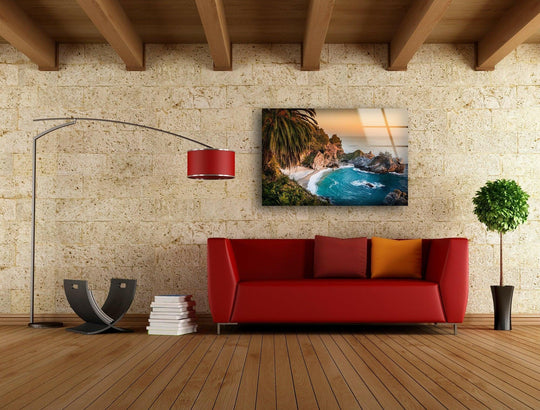 Crashing turquoise waves create a sense of movement in this tropical paradise cove art from glass, a stunning coastal escape captured in wall art.