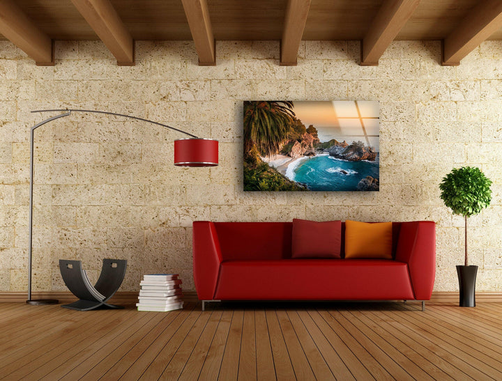 Golden Sunset Over a Hidden Cove – A Stunning Glass Print

