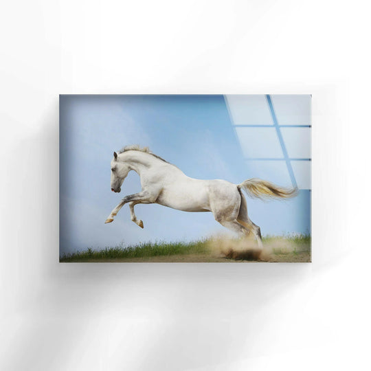 Animal glass wall art running white horse and prints on glass plus custom decor for timeless elegance