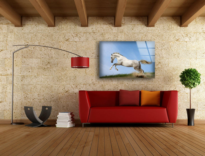 Running White Horse Glass Wall Art print picture on glass, Tempered Glass Wall Art