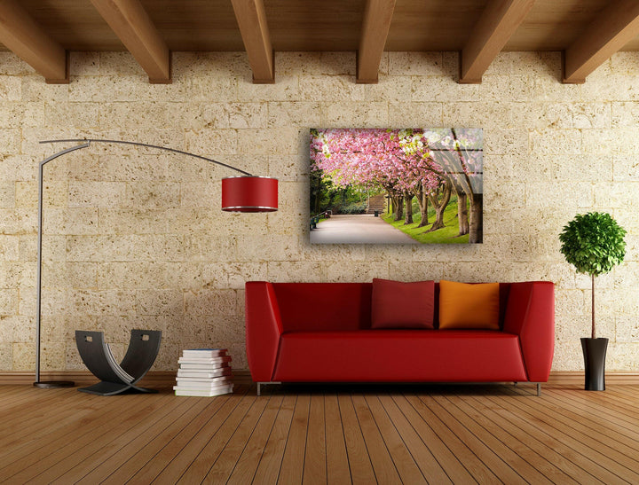 Sakura Tree Tunnel in Full Bloom – A Breathtaking Glass Wall Art Piece
