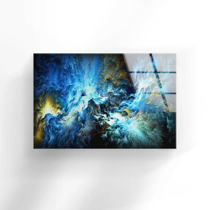 Stunning Cosmic Storm Abstract Wall Art featuring unique abstract glass design in vibrant blue hues for modern decor.