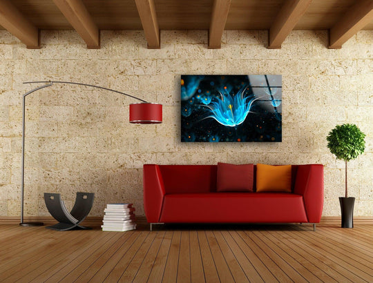 This ethereal glass printing of a neon blue flower creates a vibrant, mystical mood in a modern living space.