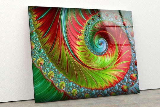 A vivid green fractal swirl with red accents creates a mesmerizing abstract wall art print.