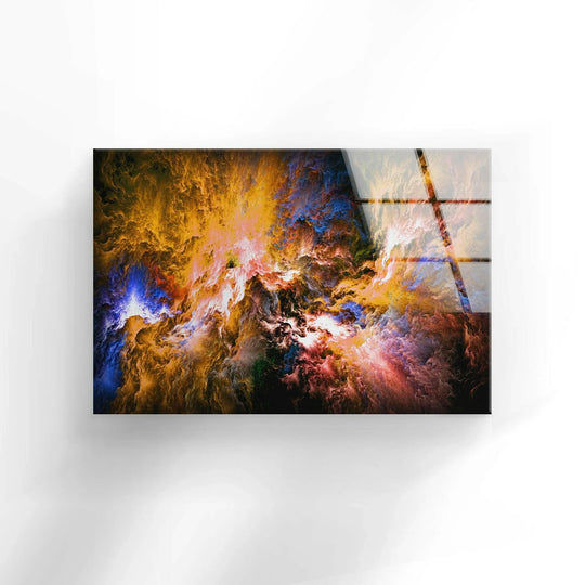 Vibrant abstract glass wall art decor bursts with saturated hues of fiery orange, deep blue, and crimson in a swirling nebula design.