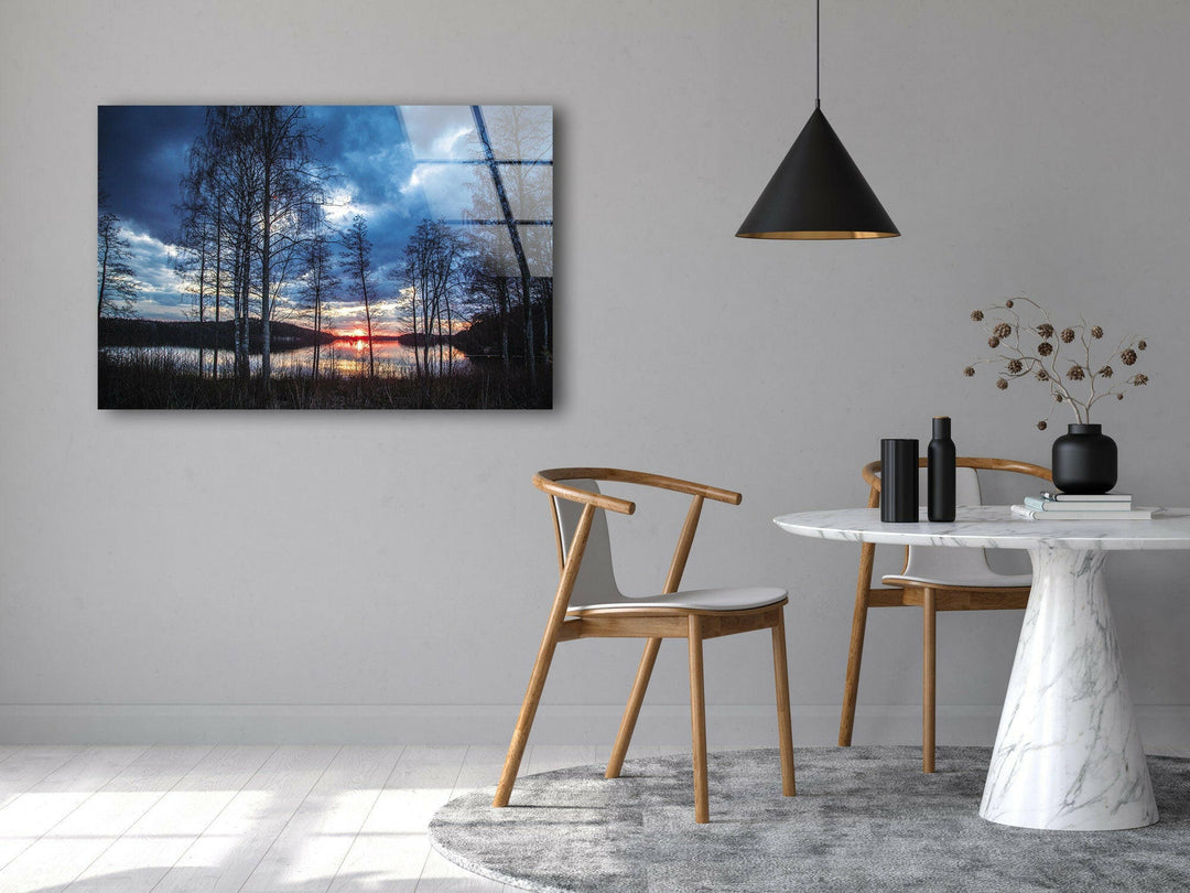 Peaceful Dusk in the Forest – A Breathtaking Glass Wall Print
