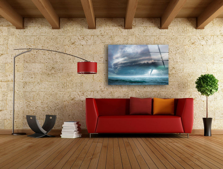 A striking ocean storm with lightning-filled clouds and crashing waves.
